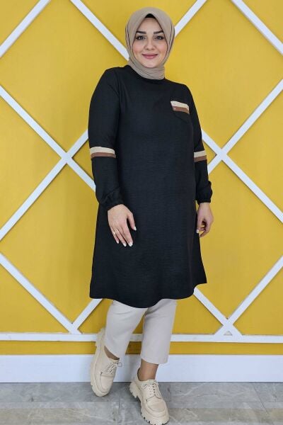 MYSTIL KADIN TAŞ VE RENK KOMBİN DETAYLI TESETTÜR TUNİK SİYAH - XL