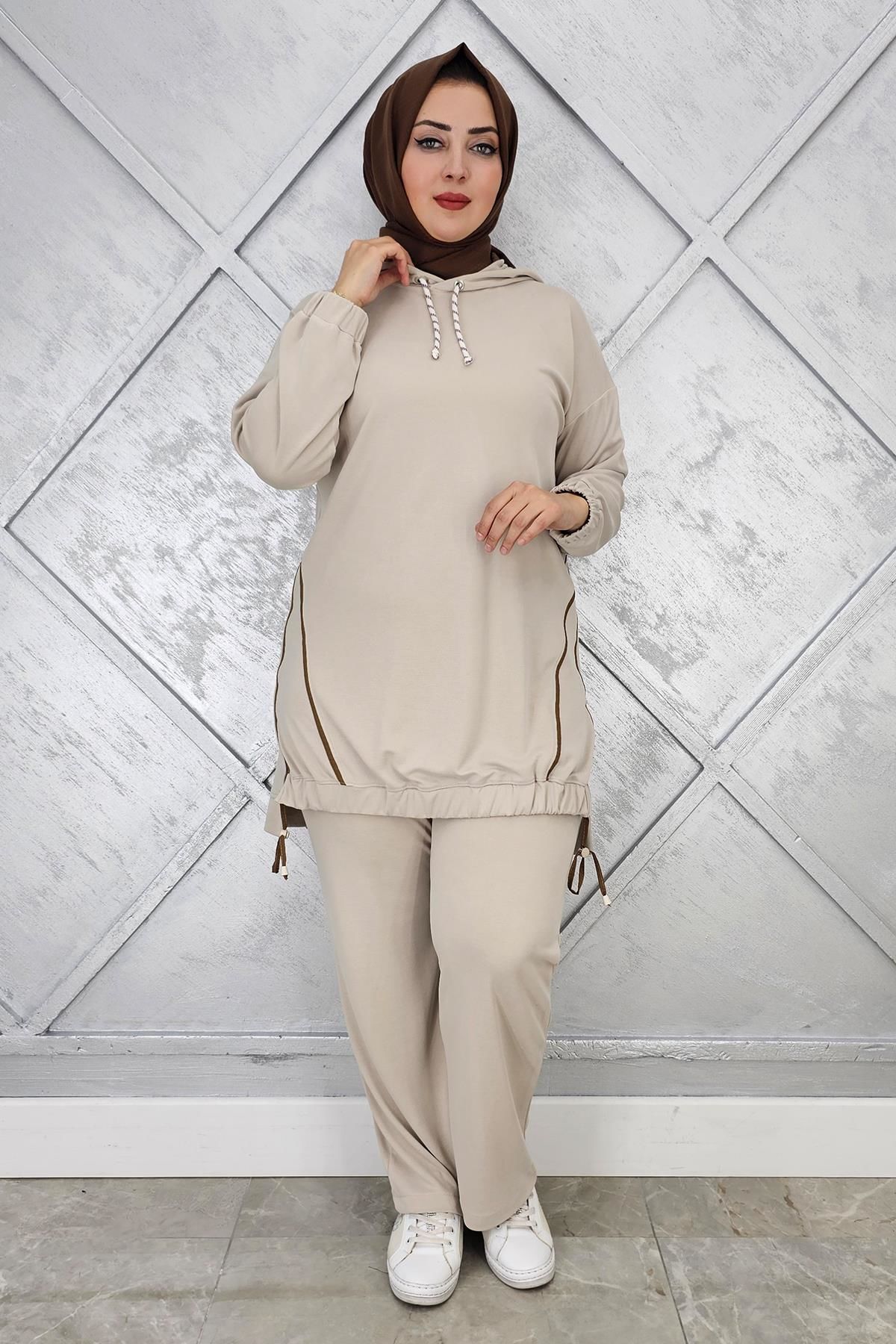 KADIN KAPÜŞONLU KOMBİNLİ TESETTÜR TAKIM TAŞ - 5 BEDEN