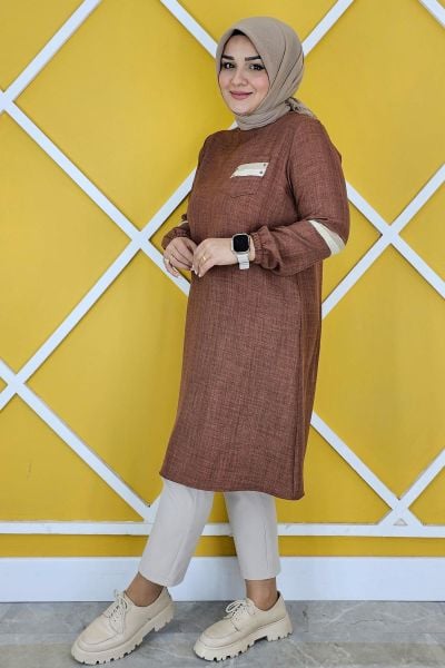 KADIN TAŞ VE RENK KOMBİN DETAYLI TESETTÜR TUNİK KAHVERENGİ - 2XL