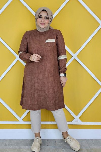 KADIN TAŞ VE RENK KOMBİN DETAYLI TESETTÜR TUNİK KAHVERENGİ - 2XL