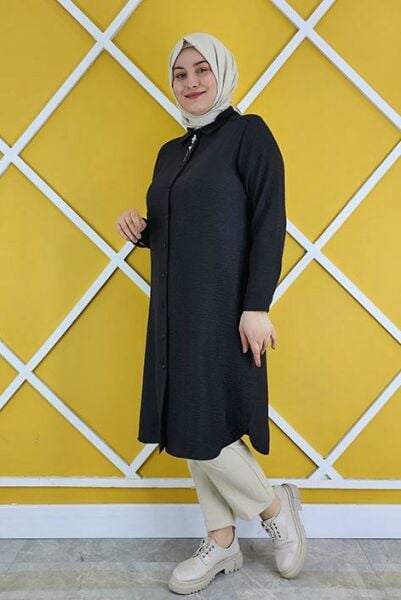PYS KADIN BROŞLU TESETTÜR GÖMLEK SİYAH - 5 BEDEN