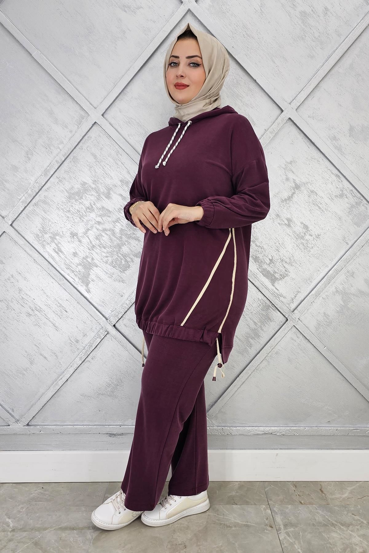 KADIN KAPÜŞONLU KOMBİNLİ TESETTÜR TAKIM BORDO - 5 BEDEN