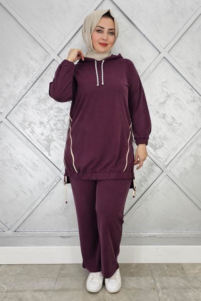 KADIN KAPÜŞONLU KOMBİNLİ TESETTÜR TAKIM BORDO - 5 BEDEN