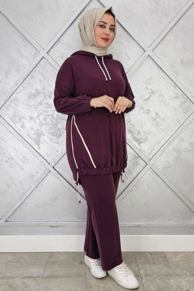 KADIN KAPÜŞONLU KOMBİNLİ TESETTÜR TAKIM BORDO - 5 BEDEN