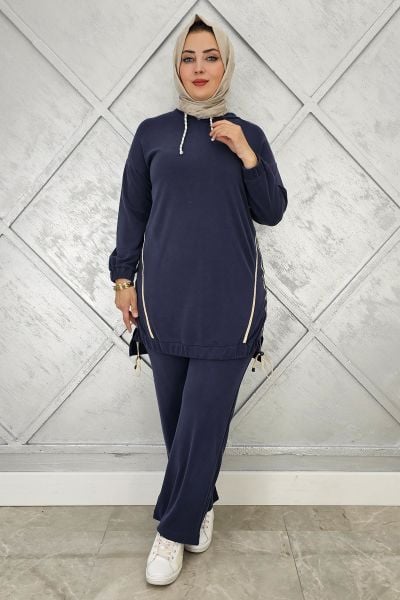 KADIN KAPÜŞONLU KOMBİNLİ TESETTÜR TAKIM LACİVERT - 5 BEDEN