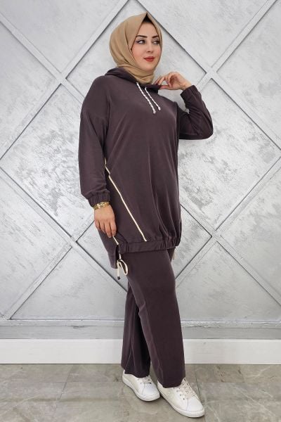 KADIN KAPÜŞONLU KOMBİNLİ TESETTÜR TAKIM KAHVERENGİ - 4 BEDEN