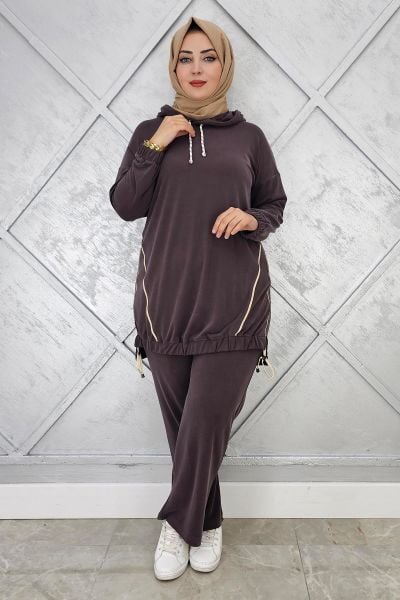 KADIN KAPÜŞONLU KOMBİNLİ TESETTÜR TAKIM KAHVERENGİ - 4 BEDEN