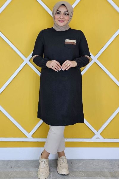 KADIN TAŞ VE RENK KOMBİN DETAYLI TESETTÜR TUNİK SİYAH - 2XL