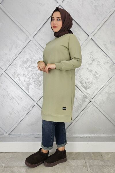 KADIN ETİKET DETAYLI TAKMA KOL TESETTÜR TUNİK MİNT YEŞİLİ - 3 BEDEN