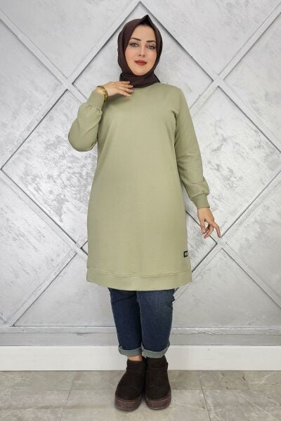 KADIN ETİKET DETAYLI TAKMA KOL TESETTÜR TUNİK MİNT YEŞİLİ - 3 BEDEN