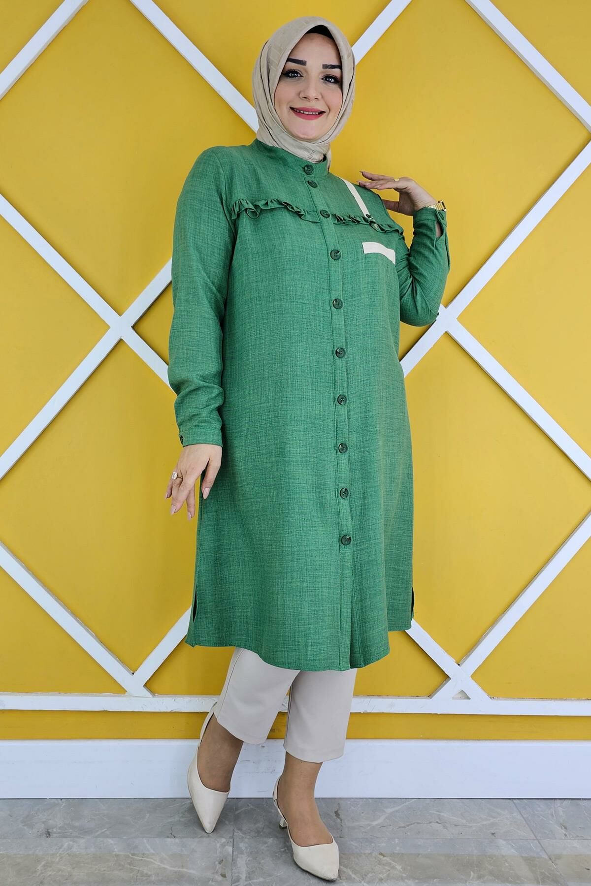 KADIN ŞERİT KOMBİNLİ FIRFIRLI TESETTÜR GÖMLEK BENETTON - 4 BEDEN