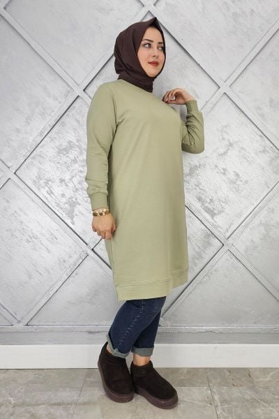 KADIN ETİKET DETAYLI TAKMA KOL TESETTÜR TUNİK MİNT YEŞİLİ - 5 BEDEN