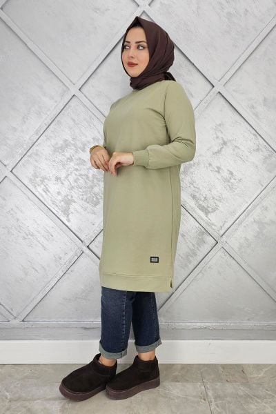 KADIN ETİKET DETAYLI TAKMA KOL TESETTÜR TUNİK MİNT YEŞİLİ - 5 BEDEN