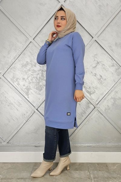 KADIN ETİKET DETAYLI TAKMA KOL TESETTÜR TUNİK MAVİ - 5 BEDEN