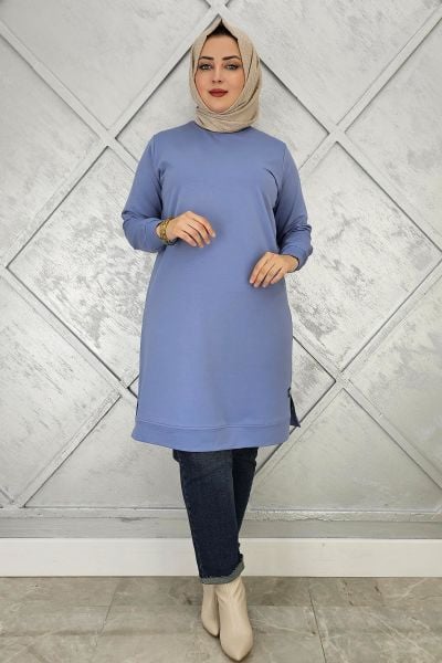 KADIN ETİKET DETAYLI TAKMA KOL TESETTÜR TUNİK MAVİ - 5 BEDEN