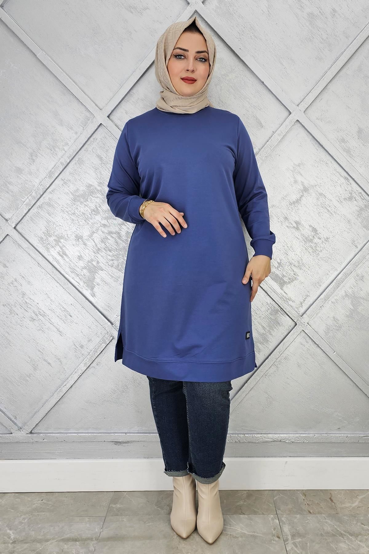 KADIN ETİKET DETAYLI TAKMA KOL TESETTÜR TUNİK İNDİGO - 2 BEDEN