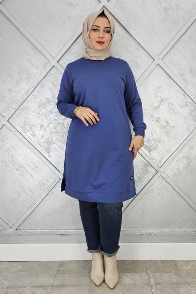 KADIN ETİKET DETAYLI TAKMA KOL TESETTÜR TUNİK İNDİGO - 2 BEDEN