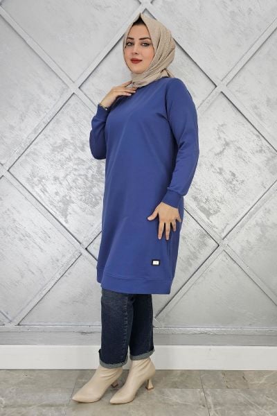 KADIN ETİKET DETAYLI TAKMA KOL TESETTÜR TUNİK İNDİGO - 2 BEDEN