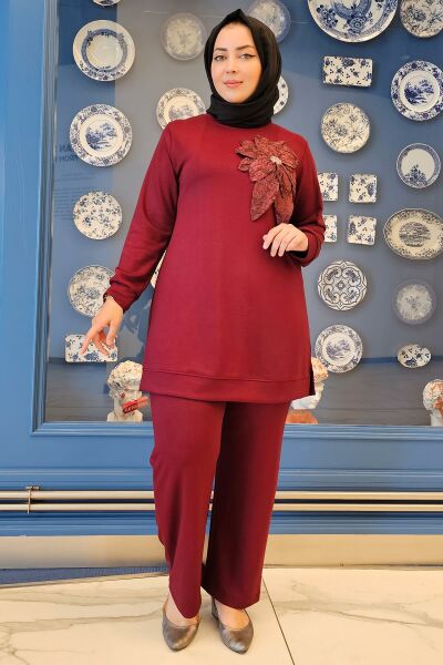 KADIN DİKME ÇİÇEK DETAYLI TESETTÜR TAKIM BORDO - 5 BEDEN