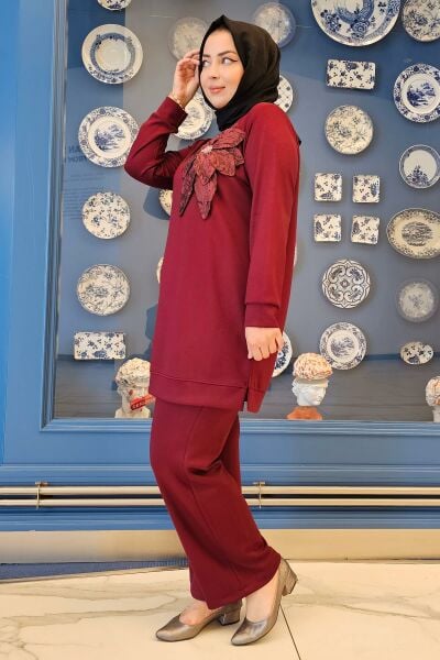 KADIN DİKME ÇİÇEK DETAYLI TESETTÜR TAKIM BORDO - 5 BEDEN