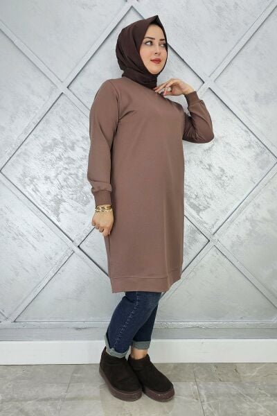 KADIN ETİKET DETAYLI TAKMA KOL TESETTÜR TUNİK VİZON - 2 BEDEN