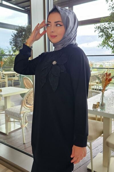 KADIN DİKME ÇİÇEK DETAYLI TESETTÜR TAKIM SİYAH - 5 BEDEN