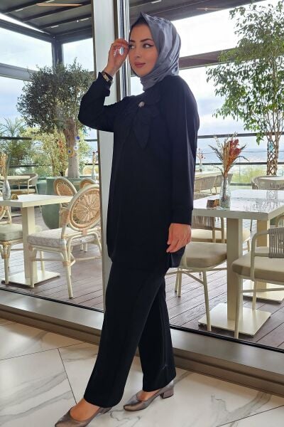 KADIN DİKME ÇİÇEK DETAYLI TESETTÜR TAKIM SİYAH - 5 BEDEN