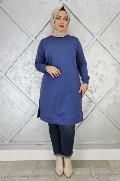 KADIN ETİKET DETAYLI TAKMA KOL TESETTÜR TUNİK İNDİGO - 4 BEDEN