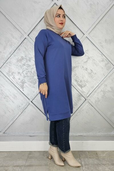 KADIN ETİKET DETAYLI TAKMA KOL TESETTÜR TUNİK İNDİGO - 4 BEDEN