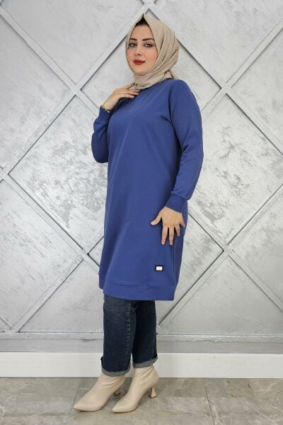KADIN ETİKET DETAYLI TAKMA KOL TESETTÜR TUNİK İNDİGO - 4 BEDEN