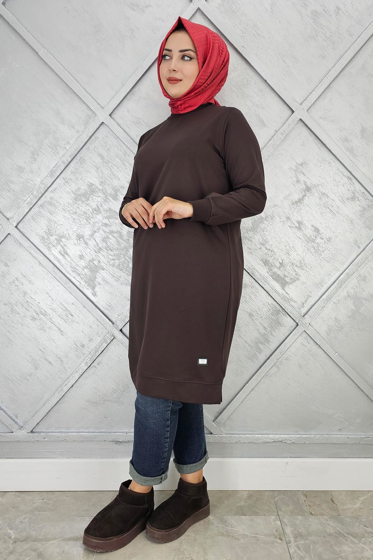 KADIN ETİKET DETAYLI TAKMA KOL TESETTÜR TUNİK KAHVERENGİ - 4 BEDEN