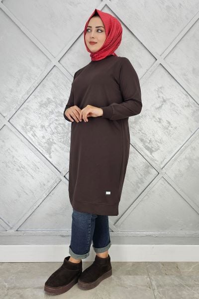 KADIN ETİKET DETAYLI TAKMA KOL TESETTÜR TUNİK KAHVERENGİ - 4 BEDEN