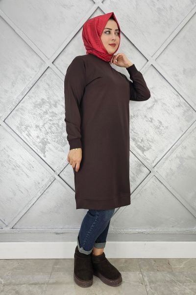 KADIN ETİKET DETAYLI TAKMA KOL TESETTÜR TUNİK KAHVERENGİ - 4 BEDEN