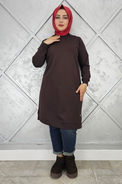KADIN ETİKET DETAYLI TAKMA KOL TESETTÜR TUNİK KAHVERENGİ - 4 BEDEN