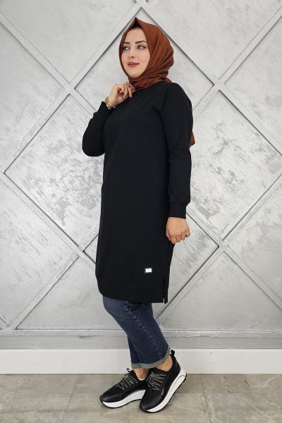 KADIN ETİKET DETAYLI TAKMA KOL TESETTÜR TUNİK SİYAH - 2 BEDEN