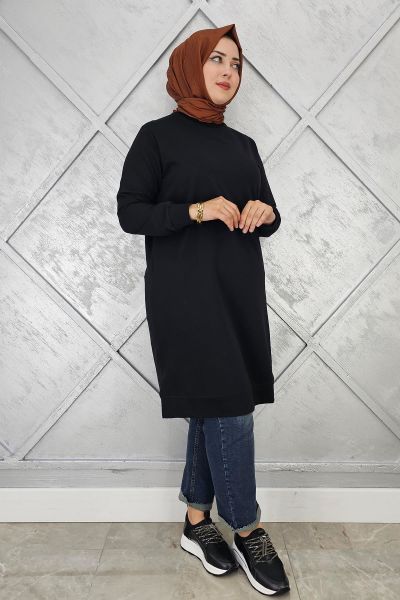 KADIN ETİKET DETAYLI TAKMA KOL TESETTÜR TUNİK SİYAH - 2 BEDEN