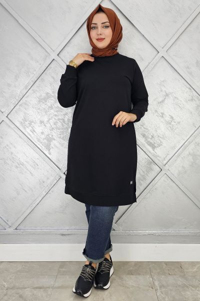 KADIN ETİKET DETAYLI TAKMA KOL TESETTÜR TUNİK SİYAH - 2 BEDEN