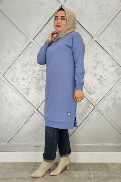 KADIN ETİKET DETAYLI TAKMA KOL TESETTÜR TUNİK MAVİ - 2 BEDEN