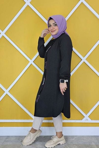 KADIN PATI ŞERİT GARNİLİ KETEN TESETTÜR GÖMLEK SİYAH - 3 BEDEN