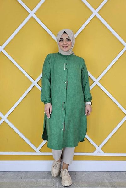 KADIN PATI ŞERİT GARNİLİ KETEN TESETTÜR GÖMLEK BENETTON - 3 BEDEN
