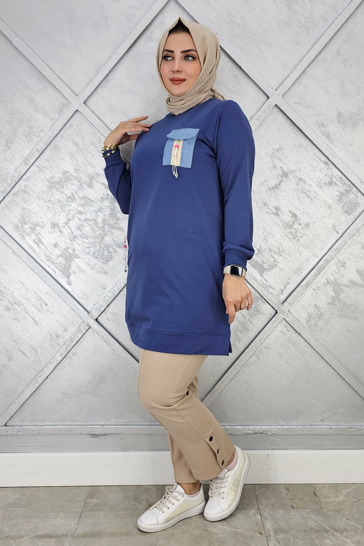 KADIN NERVÜR DİKİM TAŞ DETAYLI TESETTÜR TUNİK İNDİGO - 2 BEDEN