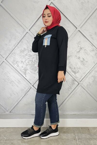 KADIN NERVÜR DİKİM TAŞ DETAYLI TESETTÜR TUNİK SİYAH - 3 BEDEN