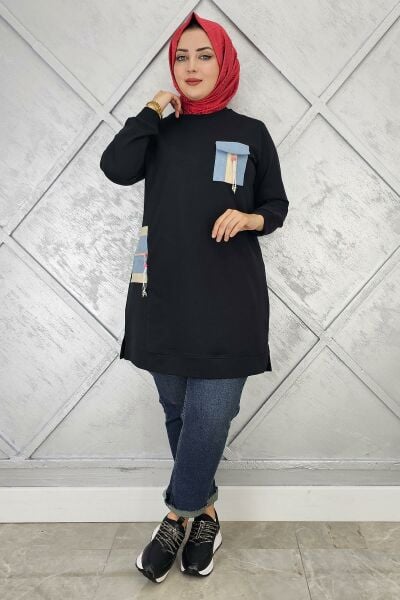 KADIN NERVÜR DİKİM TAŞ DETAYLI TESETTÜR TUNİK SİYAH - 3 BEDEN