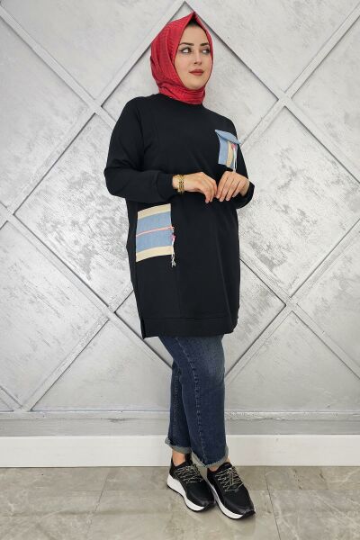 KADIN NERVÜR DİKİM TAŞ DETAYLI TESETTÜR TUNİK SİYAH - 3 BEDEN