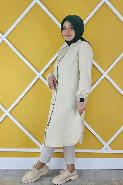 PYS KADIN PATI ŞERİT GARNİLİ KETEN TESETTÜR GÖMLEK TAŞ - 4 BEDEN