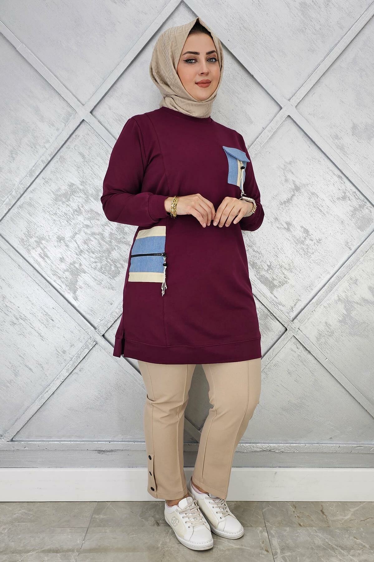 KADIN NERVÜR DİKİM TAŞ DETAYLI TESETTÜR TUNİK BORDO - 4 BEDEN