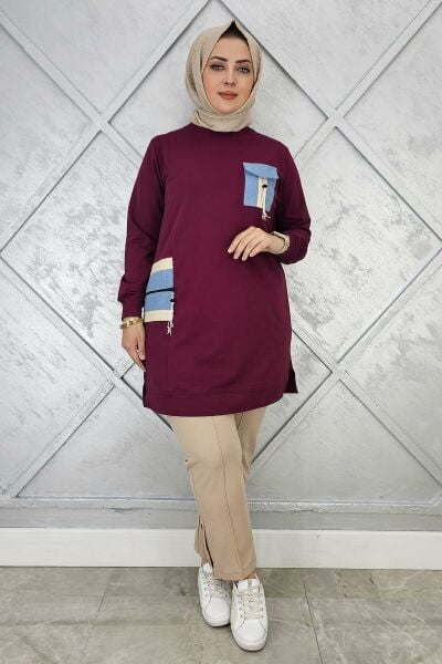 KADIN NERVÜR DİKİM TAŞ DETAYLI TESETTÜR TUNİK BORDO - 4 BEDEN