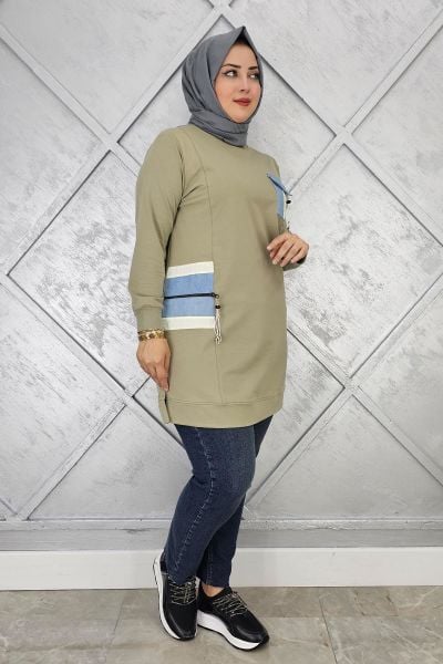 KADIN NERVÜR DİKİM TAŞ DETAYLI TESETTÜR TUNİK MİNT YEŞİLİ - 5 BEDEN