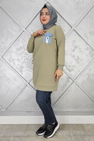 KADIN NERVÜR DİKİM TAŞ DETAYLI TESETTÜR TUNİK MİNT YEŞİLİ - 5 BEDEN