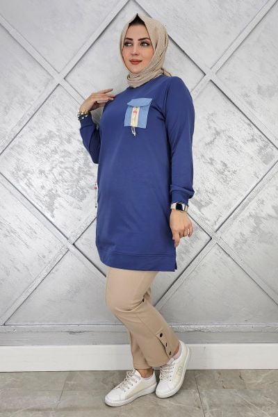 KADIN NERVÜR DİKİM TAŞ DETAYLI TESETTÜR TUNİK İNDİGO - 5 BEDEN